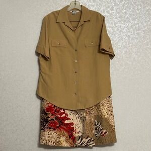 Nygard Collection Neutral Shirt & Abstract Print Wrap Skirt Set Silk & Linen 16